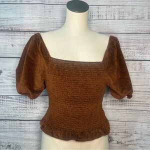 American Eagle Outfitters Medium Smocked Puff Sleeve Blouse Brown Crop